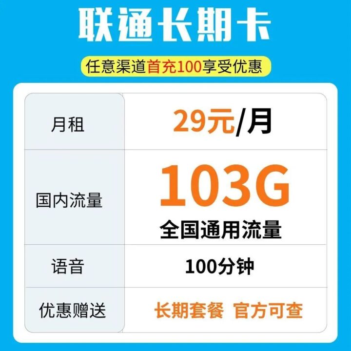 联通神卡！29元包103G通用流量+100分钟（可选号、可开副卡）-1