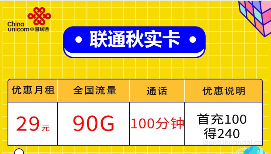 联通秋实卡29元包60G通用流量+30G定向流量+100分钟通话￼插图