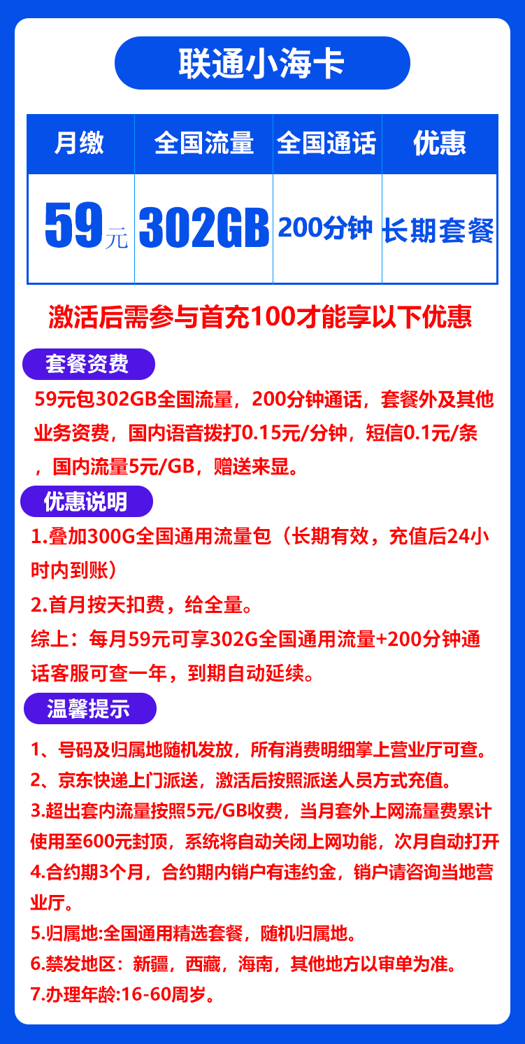 【联通小海卡】59元/月：302G全国流量+200分钟(长期302GB的联通大流量卡套餐)套餐详细介绍、办理入口及方法