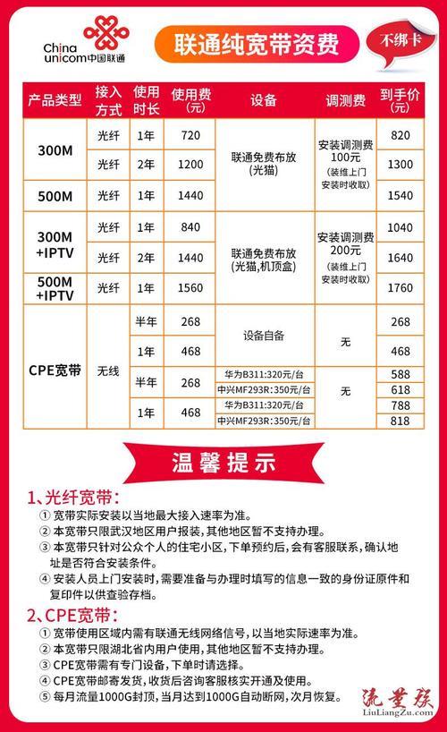 武汉联通宽带套餐价格表2023年