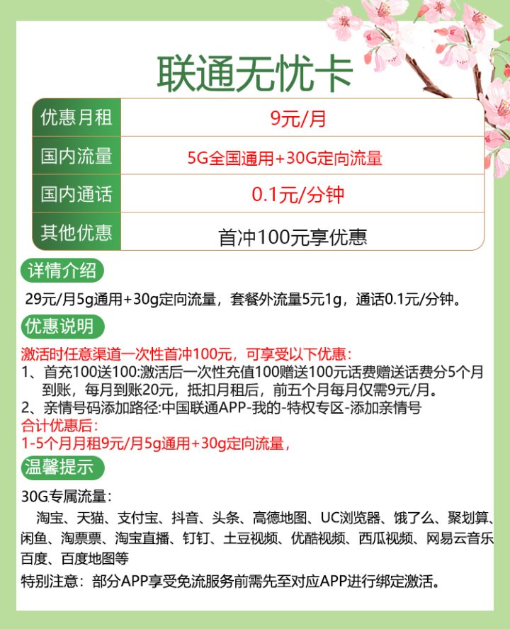 联通无忧卡套餐介绍 9元月租包5G通用流量+30G定向流量-1