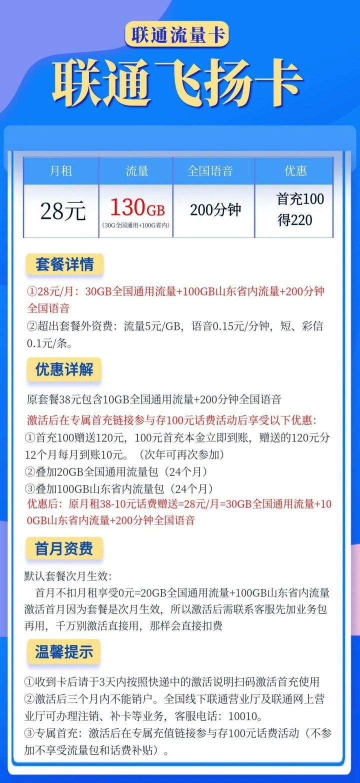 联通飞扬卡套餐详情介绍 28元月租包30G全国流量+100G省内流量+200分钟全国通话-1