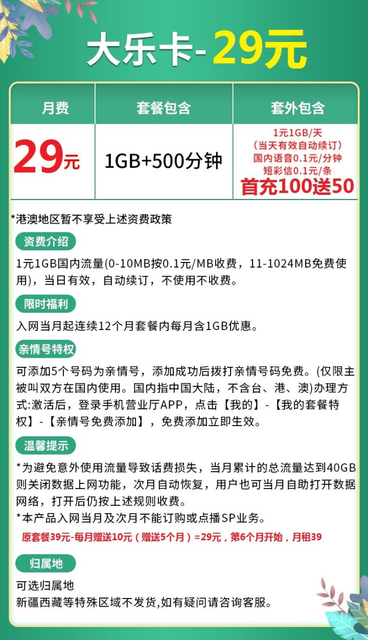 联通大乐卡套餐介绍 通话分钟数多（每月500分钟）-1