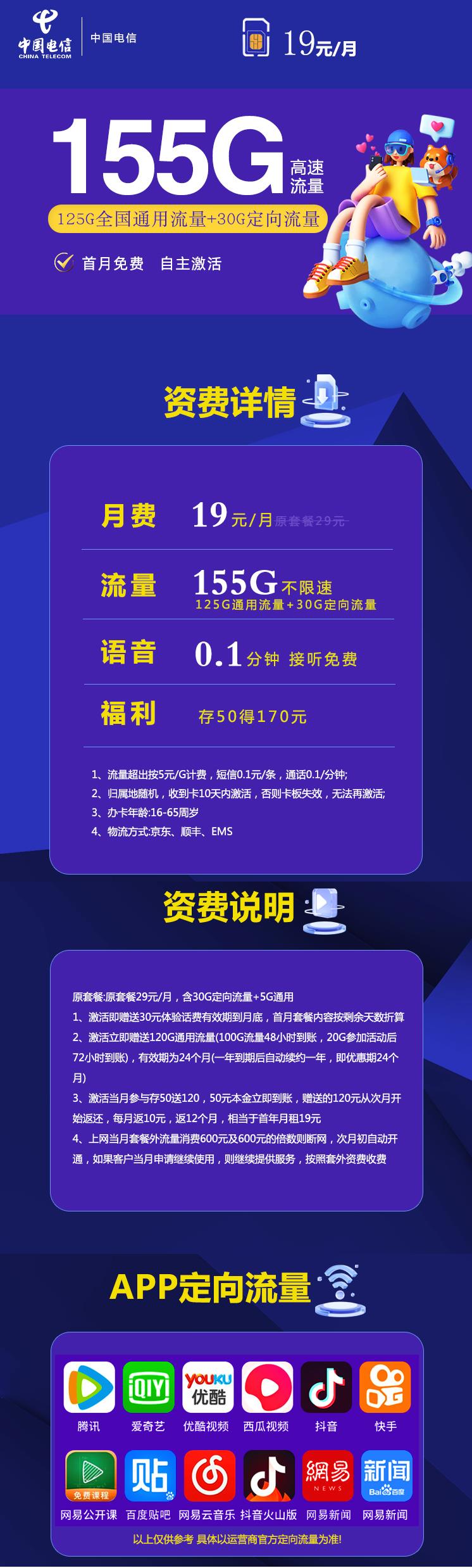 电信湘潭卡19元包125G全国通用流量+30G定向流量