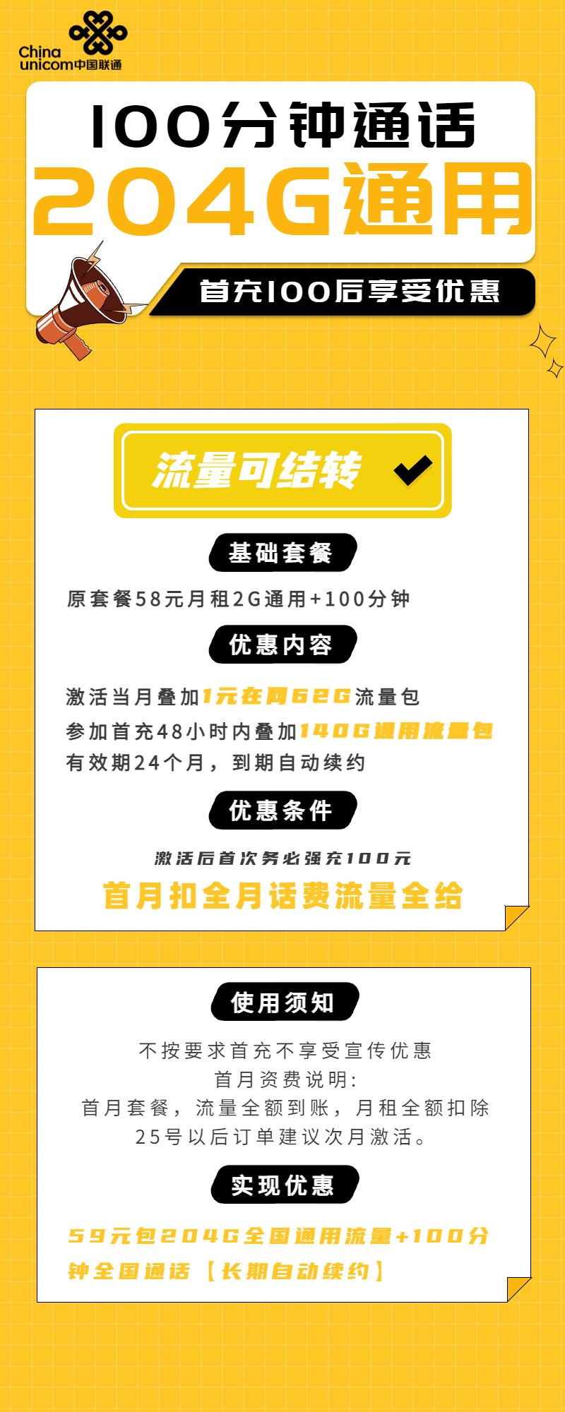 联通最美卡，59元每月包含204G全国通用流量