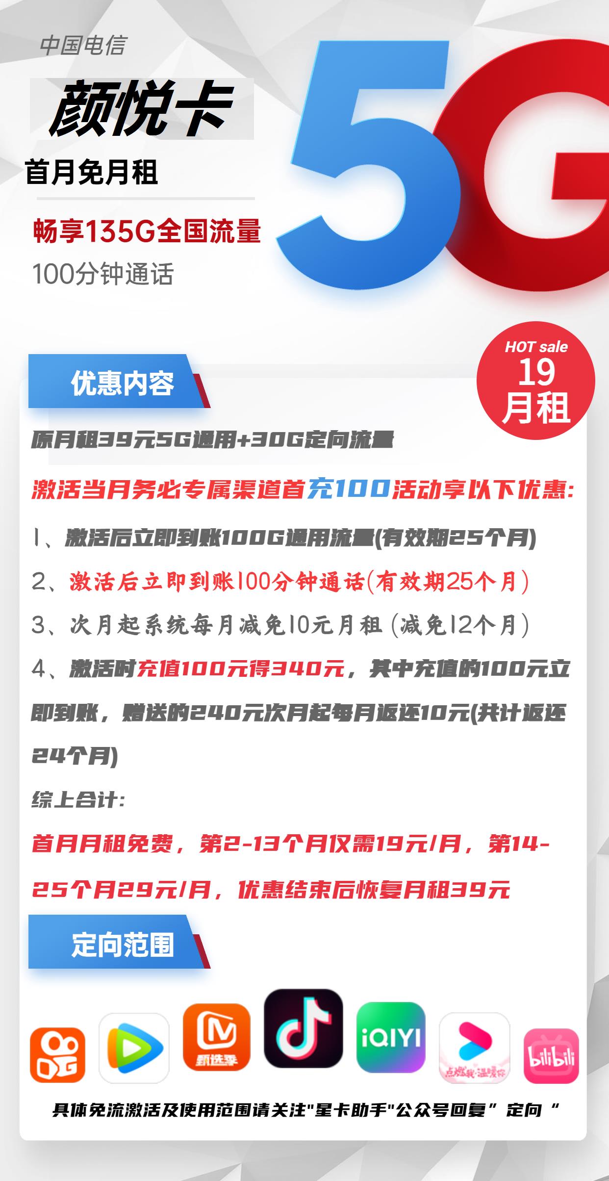 电信颜悦卡19元包105G流量+30G定向流量