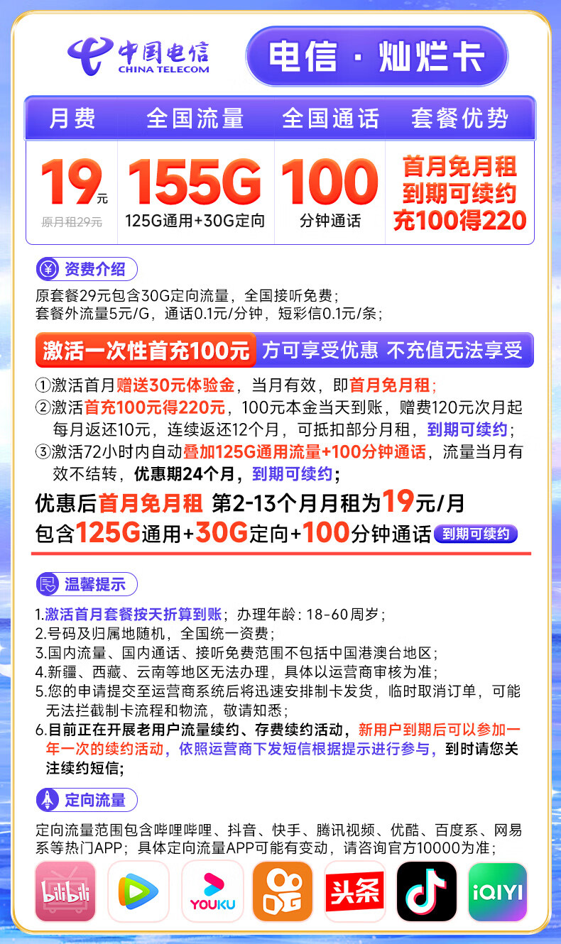 电信灿烂卡套餐介绍 19元月租125通用流量+30G定向流量