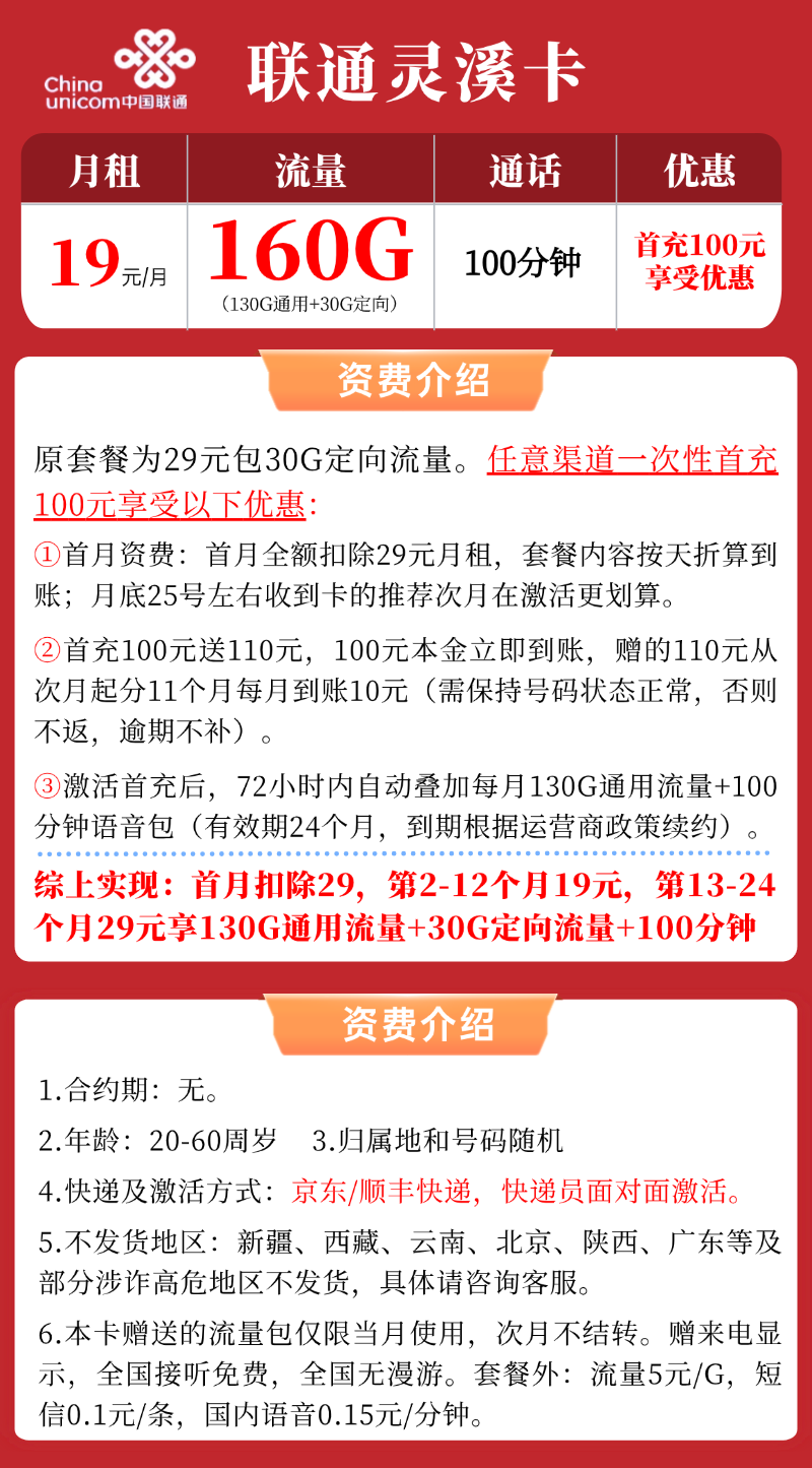 【联通灵溪卡】一年19元/月：130G全国通用流量+30G定向+100分钟，大流量手机卡申请办理!详细介绍、办理入口及方法