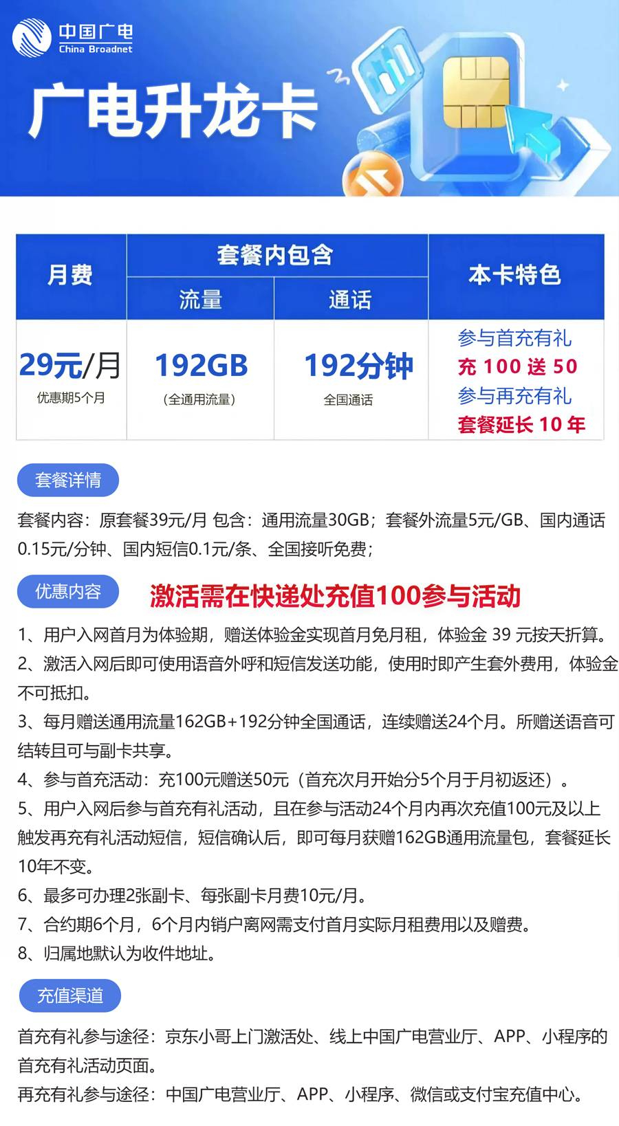 【十年长期套餐】广电升龙卡29元/月：192G全国通用流量+192分钟通话+本地归属地+下单可选号+可办副卡!详细介绍、办理入口及方法